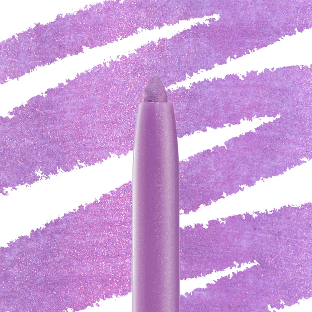 Close-up of lavender gel liner with shimmer swatches.