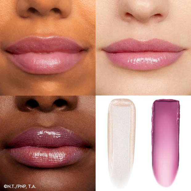 Heroines lip shades shown on lips and as product swatches.