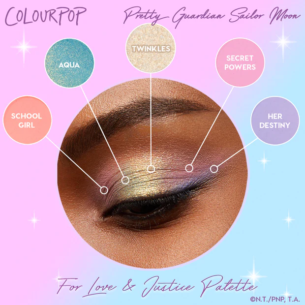 Eye look with labeled shades from the For Love & Justice palette by ColourPop x Sailor Moon.